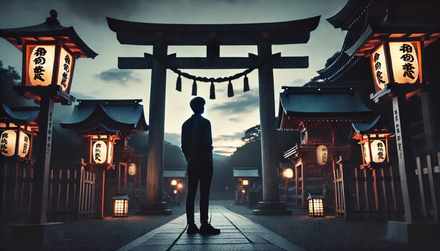 神社の夕暮れ、願いを口に出すべきか悩む人物の後ろ姿。静かな決断の瞬間を捉えた情景。