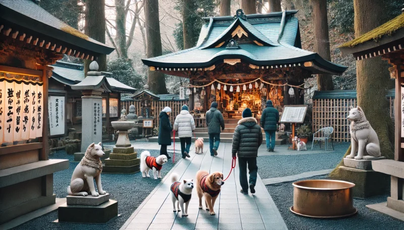 座間神社の境内で犬を連れて初詣をする参拝者たちと、犬猫用の小さな社が並ぶ穏やかな新年の光景。