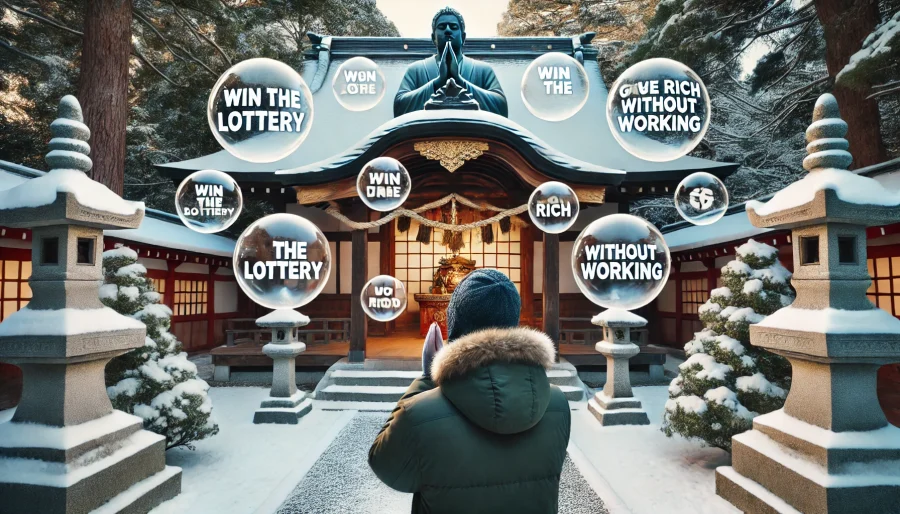 神社で祈る人物の背景に「宝くじ当選」など依存的な願いが浮かぶ象徴的な構図。神聖な場と不釣り合いな願望の対比が描かれている。