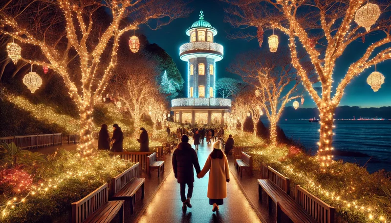 江の島シーキャンドルと周囲のイルミネーションが輝く夜、カップルが光のトンネルを歩く幻想的な風景。