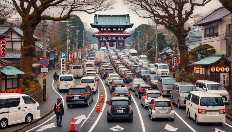 初詣当日の寒川神社周辺で渋滞する道路と、車列を整理する警備員、歩いて向かう参拝客が見える混雑風景。
