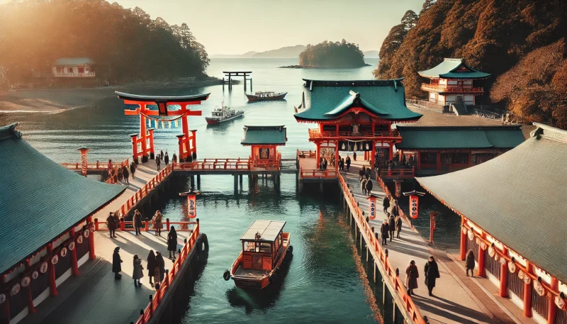 浦賀湾に面した叶神社の静かな境内と、東西の神社をつなぐ渡し船が行き交う新年の海辺の風景。