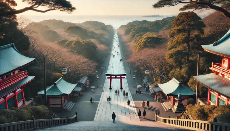 鶴岡八幡宮の石段から参道を見下ろす新年の朝、由比ヶ浜に向かって伸びるまっすぐな道と鳥居が見える静かな絶景。