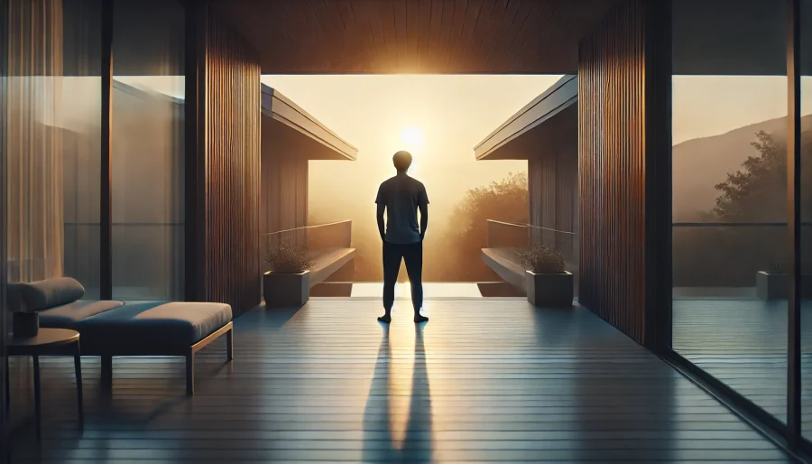 朝日を浴びながらアファメーションを実践する人物。言葉の力で自己強化する姿が描かれた静かな情景。