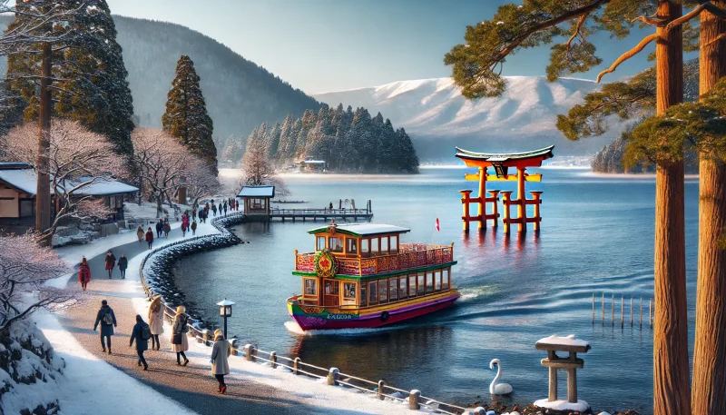 芦ノ湖の冬の朝、遊覧船が湖を渡り、平和の鳥居へ向かって歩く参拝客と雪をかぶった山々が見える風景。