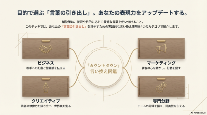 ビジネス（信頼）、マーケティング（期待感）、クリエイティブ（世界観）の3つのカテゴリーに分けた言い換えの方向性を示すガイドブックのスライド。