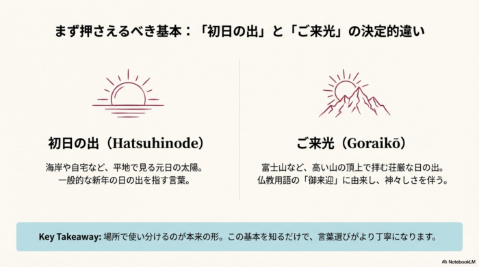 平地で見る「初日の出」と、高い山の頂上で拝む「ご来光」の違いを、イラストと共に解説するスライド。場所によって使い分けるのが本来の形であることを示している。