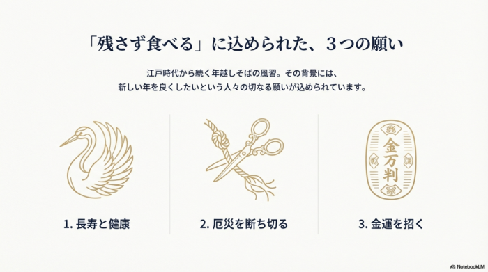 江戸時代から続く年越しそばの風習の背景にある「長寿と健康」「厄災を断ち切る」「金運を招く」という3つの願いをアイコンと共に紹介するスライド。
