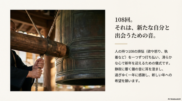 人の持つ108の煩悩を打ち払い、清らかな心で新年を迎えるための儀式であることを説明する、鐘を撞く様子の写真入りスライド。
