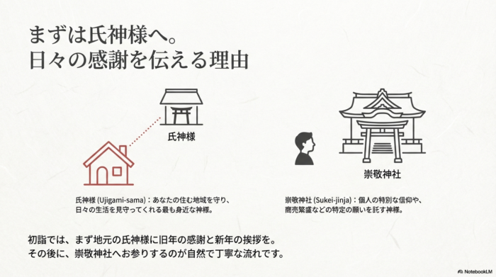 地域を守る「氏神様」と、個人の信仰や願いを託す「崇敬神社」の違いを、神社のイラストとともに解説した比較スライド。