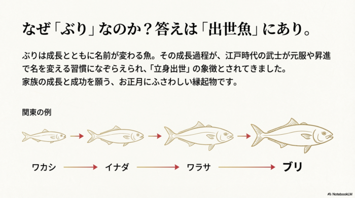 ぶりは成長とともに名前が変わる出世魚であり、立身出世の象徴であることを説明するスライド。関東での名称（ワカシ、イナダ、ワラサ、ブリ）が順に記載されている。