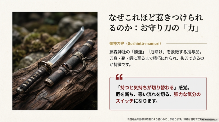 藤森神社の勝運・厄除けを象徴する御神刀守の紹介。精巧な作りで抜刀可能であり、厄を断つ気分のスイッチになるという説明。