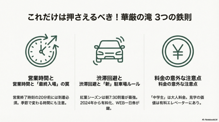 華厳の滝攻略に必要な「時間」「交通手段」「費用」を表すアイコンイラスト。
