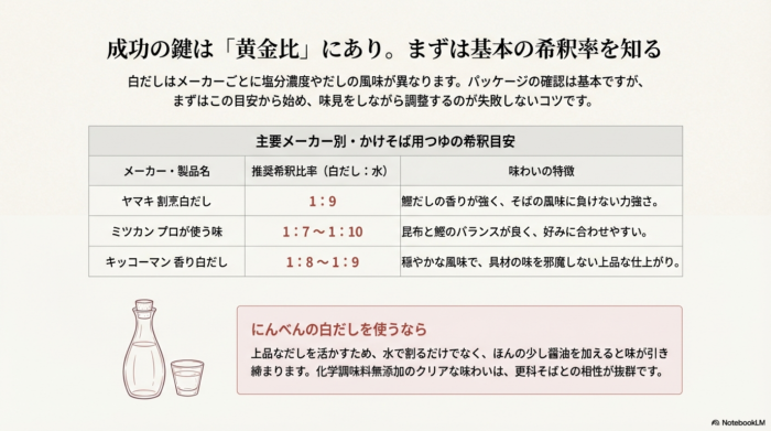 ヤマキ（1:9）、ミツカン（1:7〜1:10）、キッコーマン（1:8〜1:9）の推奨希釈比率とそれぞれの味わいの特徴、およびにんべんの白だしを使う際のコツをまとめた表 。