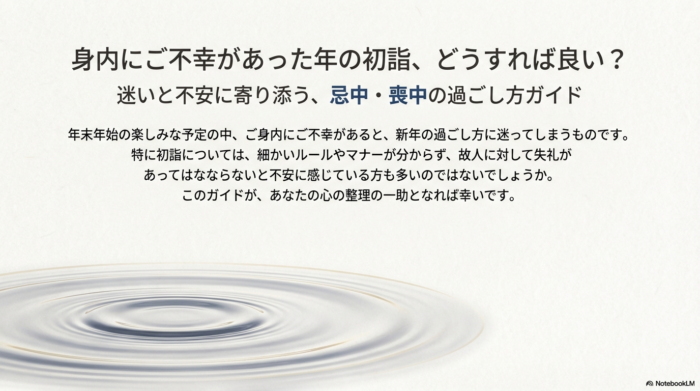 「いつまで控える?」「鳥居はくぐっていい?」「おみくじは?」など、身内に不幸があった際の初詣に関する一般的な疑問リスト。