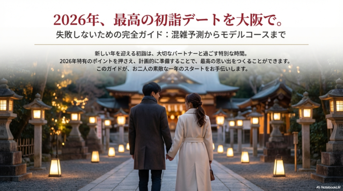 神社の参道を歩くカップルの後ろ姿と「2026年、最高の初詣デートを大阪で」というタイトル文字