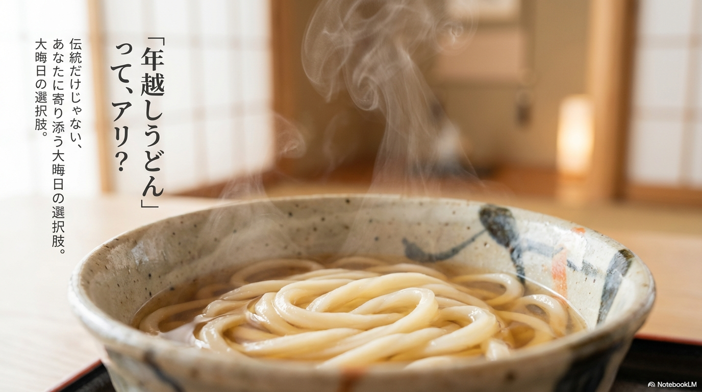 「年越しうどん」って、アリ？伝統だけじゃない、あなたに寄り添う大晦日の選択肢。と書かれた、本記事のテーマを示す表紙スライド。