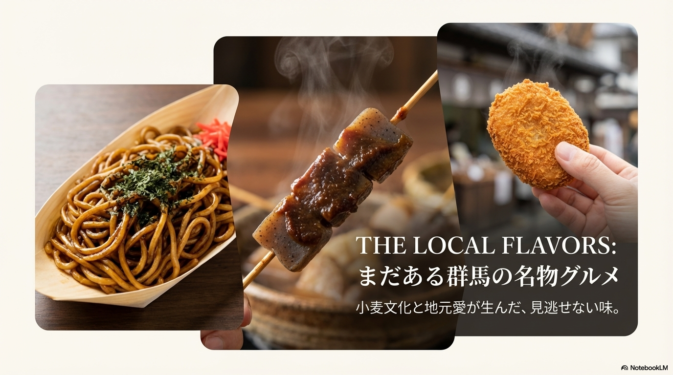 焼きまんじゅう、太田焼きそば、神社コロッケ、味噌おでんの写真が並んだランキング紹介スライド。