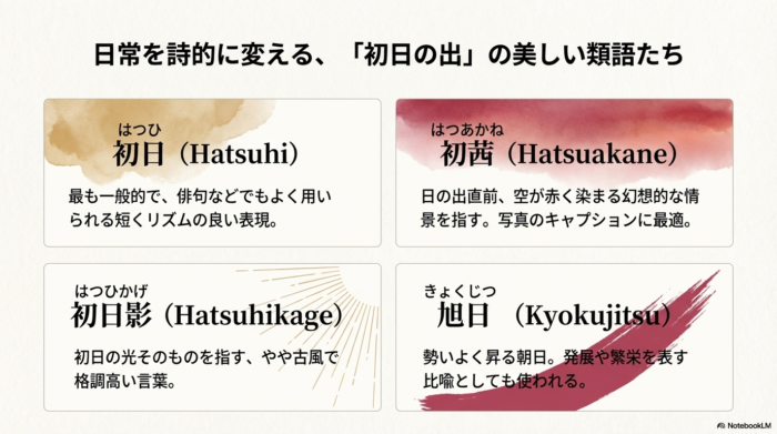 初日（はつひ）、初茜（はつあかね）、初日影（はつひかげ）、旭日（きょくじつ）という4つの類語と、それぞれの意味や使われる場面を解説したスライド。