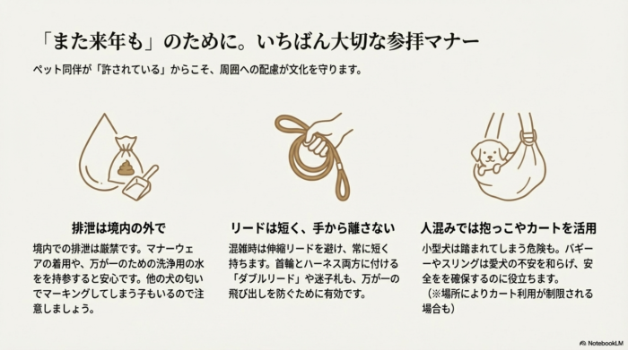 排泄対策、リードを短く持つこと、人混みでの抱っこやカート活用など、周囲への配慮として大切なマナーを解説するイラスト付きスライド 。