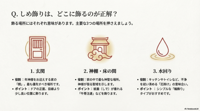 玄関（顔・優先）、神棚（聖域）、水回り（厄除け）の3カ所について、それぞれの役割と飾る際のポイントをアイコン付きでまとめた表 。