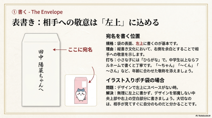 袋の左上に宛名を書く基本ルールと、デザイン入り袋での書き方の例。