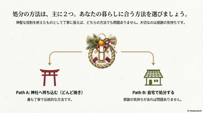 処分の主な方法として「Path A：神社へ持ち込む（どんど焼き）」と「Path B：自宅で処分する」の2つがあることを示すスライド