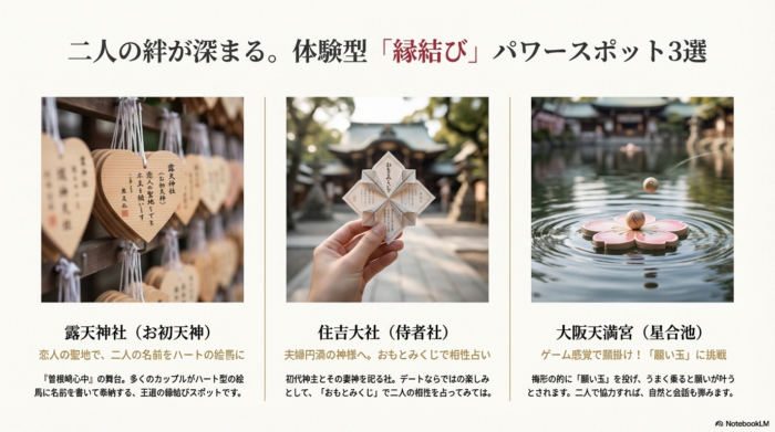 露天神社のハート絵馬、住吉大社のおもとみくじ、大阪天満宮の星合池の写真とそれぞれのポイント解説