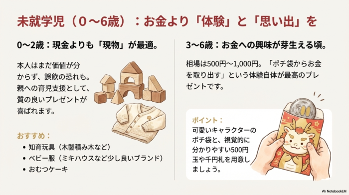 積み木や子供服(カーディガン)のイラストと、ポチ袋に入った500円玉のイラスト。0〜2歳は「現物」、3〜6歳は「硬貨」など、年齢に合わせた贈り分けのイメージ図。