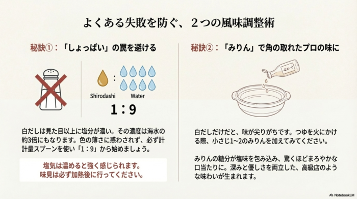 海水の約3倍の塩分濃度がある白だしの「しょっぱさ」を避けるための1:9比率の厳守と、味をまろやかにするためにみりんを小さじ1〜2加えるプロの裏技の解説 。