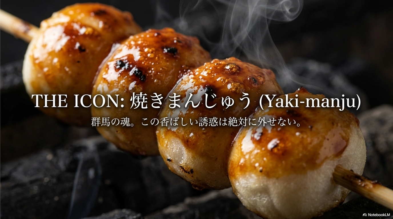 「THE ICON 焼きまんじゅう」の文字。群馬の魂と呼ばれる名物グルメの紹介スライド。