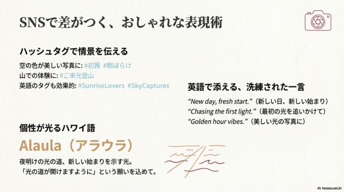 ハワイ語の「Alaula（アラウラ）」や、英語のフレーズ「New day, fresh start.」など、SNSのキャプションに最適な洗練された表現を紹介するスライド。