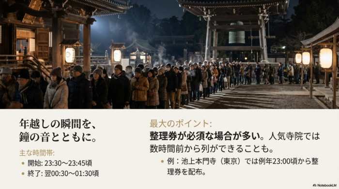 深夜の開始時間（23:30〜23:45頃）と終了時間（翌0:30〜1:30頃）の目安、整理券の重要性について説明されたスライド。