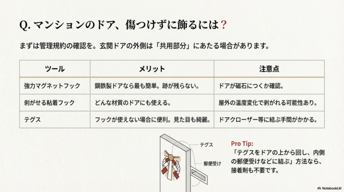 強力マグネットフック、剥がせる粘着フック、テグスのメリットと注意点の比較表。ドアの内側にテグスを結ぶプロの技も紹介されている 。