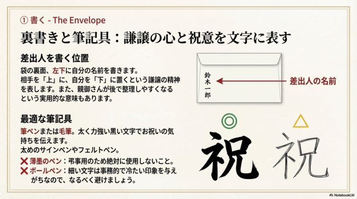 裏面の左下に差出人を書く位置と、筆ペンや太いペンなどの推奨筆記具の解説。