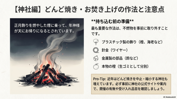 どんど焼きの火で年神様が空へ帰る様子と、持ち込む前にプラスチックや針金、本物の橙などの不燃物を取り外すマナーを解説したスライド。