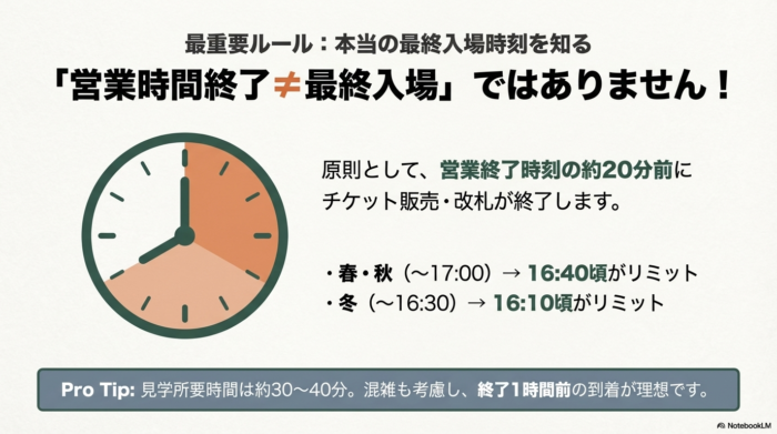 営業終了時刻の20分前にチケット販売と改札が終了することを示す図解。春・秋は16:40、冬は16:10がリミット。