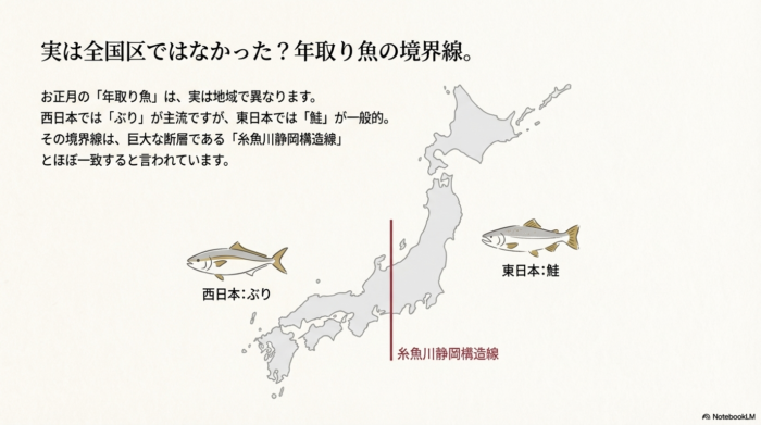 日本地図上で、西日本（ぶり）と東日本（鮭）の食文化を分ける糸魚川静岡構造線の境界線を示したスライド。