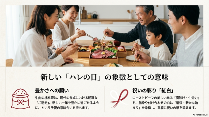 家族でおせちを囲む写真とともに、ローストビーフが「豊かさへの願い」や「紅白（魔除け・清浄）」を象徴することを解説したスライド。