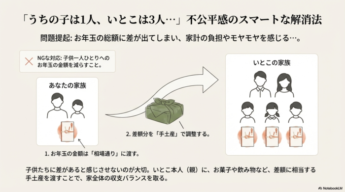 子供の人数が違う家庭間で、お年玉の金額は相場通りにしつつ、差額分を親への手土産（お菓子や飲み物）で調整する仕組みを図解したイラスト。