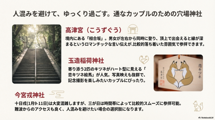 高津宮の相合坂、玉造稲荷神社の恋キツネ絵馬の写真と、混雑を避けるためのポイント解説