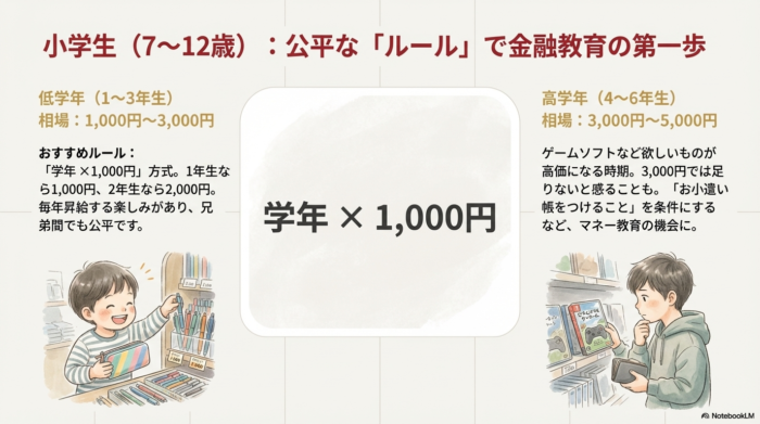文房具を選ぶ低学年の男の子と、高価なゲームソフトを見て悩む高学年の男の子の対比イラスト。学年による欲しいものの単価の違いと、お年玉ルールの必要性を表現している。