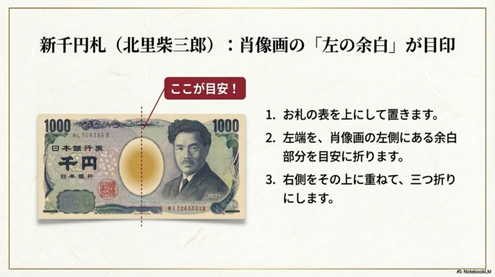 新千円札(北里柴三郎)の折り位置。肖像画の左側にある余白を目安にする手順。