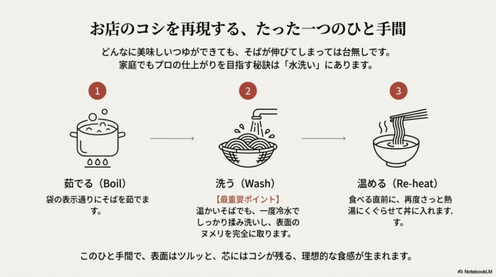 茹でた後に冷水でしっかり揉み洗いしてヌメリを取り、食べる直前に再度熱湯にくぐらせることで理想的なコシを生む手順のイラスト 。