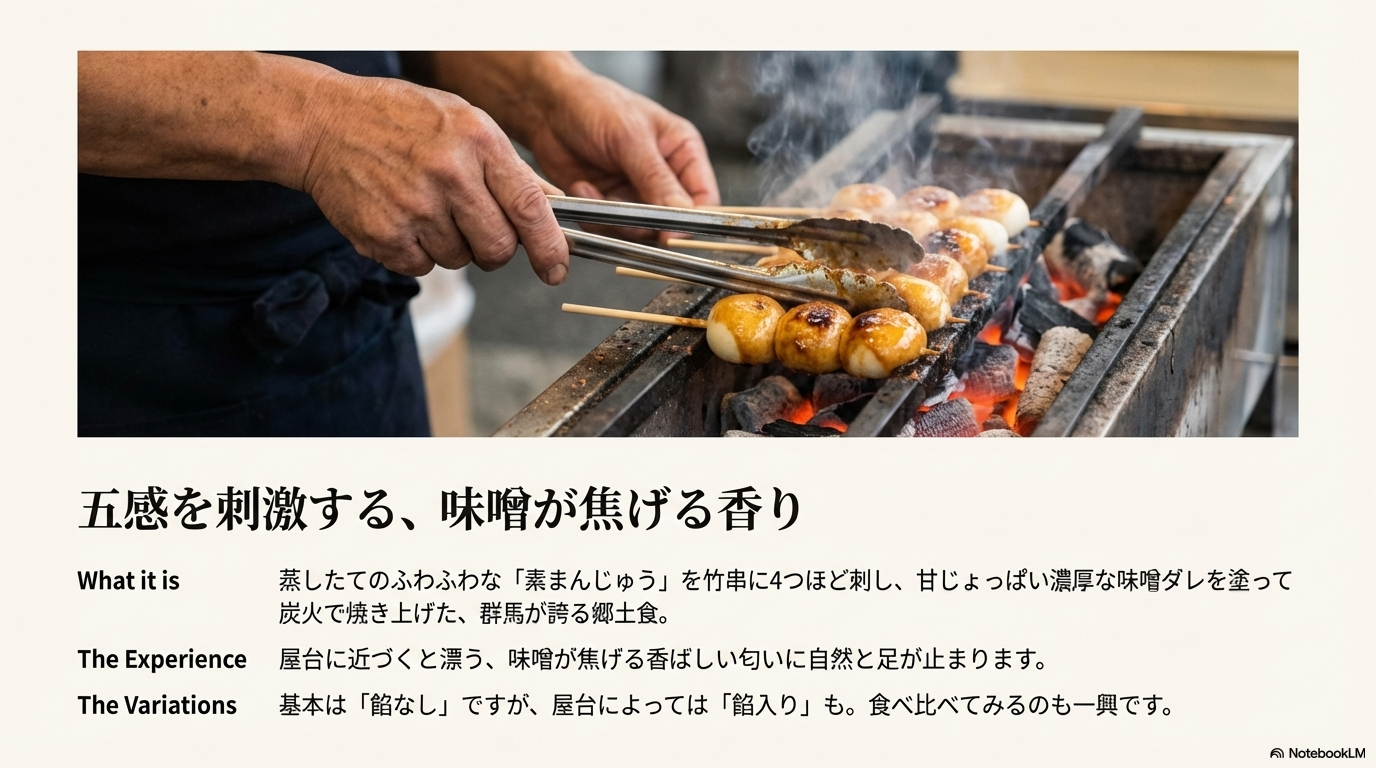 炭火の上で焼かれ、味噌ダレが塗られている焼きまんじゅうのアップ写真。香ばしい湯気が立っている様子。
