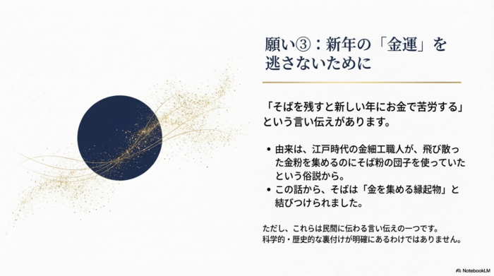 金粉が舞う背景に、江戸時代の金細工職人が金粉を集めるのにそば粉を使っていたことから、そばが金運を招く縁起物とされた由来を説明するスライド。