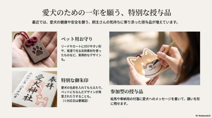 肉球デザインのお守りや柴犬の形をした絵馬、愛犬の名前を入れられる特別な御朱印など、ペット向けの授与品を紹介する画像 。