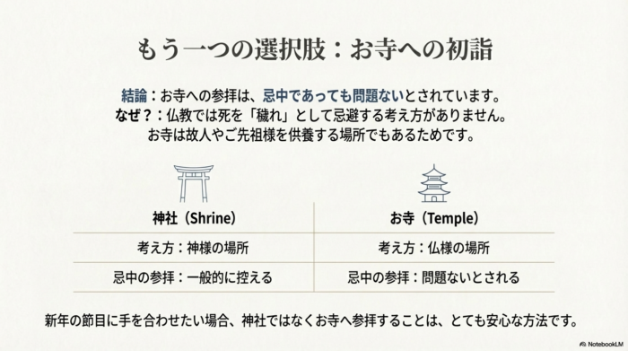 神社は「神様の場所」なので忌中は控えるが、お寺は「仏様の場所」なので忌中でも参拝OKという比較表。