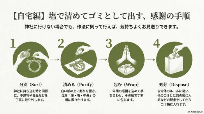 自宅で処分する際の、1.分別（不燃物の除去）、2.清める（塩を左・右・中央に振る）、3.包む（感謝して紙で包む）、4.処分（自治体ルールに従う）の4つの工程をイラストで示したスライド。