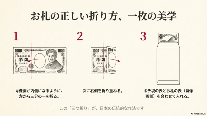 肖像画を内側にして左、右の順に折る「三つ折り」の方法と、袋の表とお札の表を合わせて入れる作法の図解。